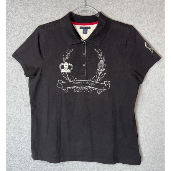 Tommy Hilfiger Polo Shirt Womens Large Black Crest Embroidered Crown‎ Classic - Picture 1 of 12